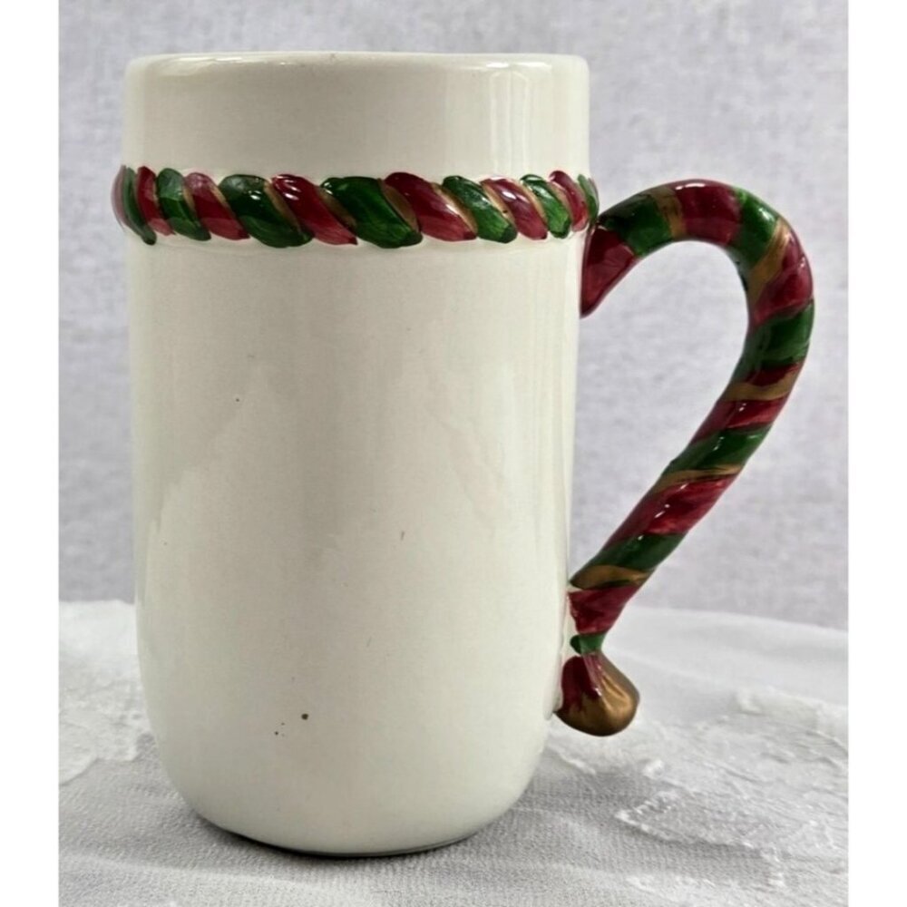 Vtg 1993 Fitz & Floyd Omnibus OCI Tall Christmas Coffee Mug Cream w/Rope Trim